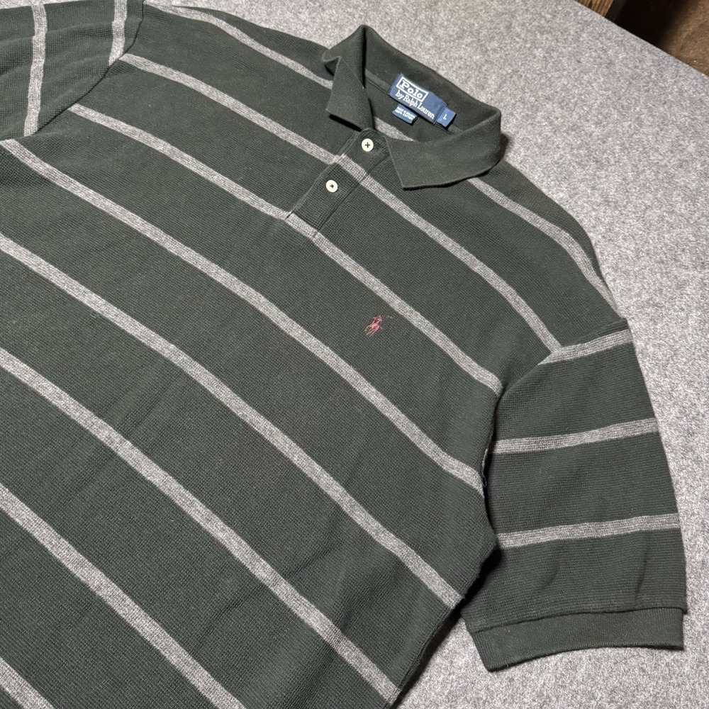 VTG 90s Polo Ralph Lauren Mens Waffle Knit Polo Shirt Gray Size L Preppy Rugby - Picture 1 of 6